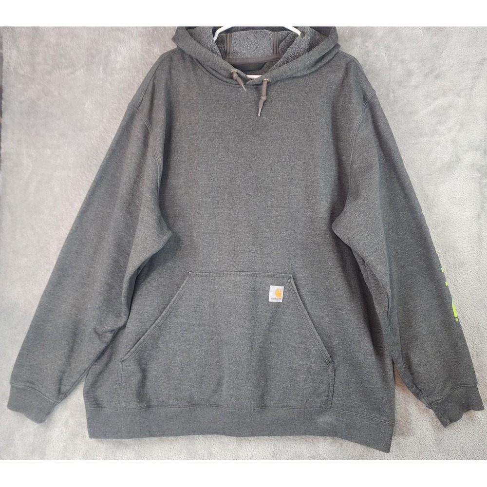 Carhartt Hoodie Mens 2XL Carbon Heather Gray Neon Sleeve Logo Loose Fit‎ K288